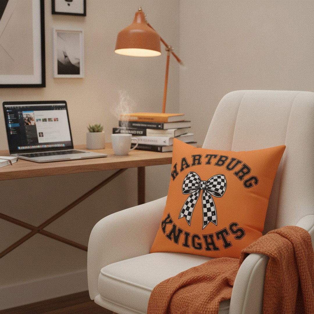 Wartburg Knights Checkered Bow Throw Pillow – Orange College Dorm Decor | 7 Sizes Available