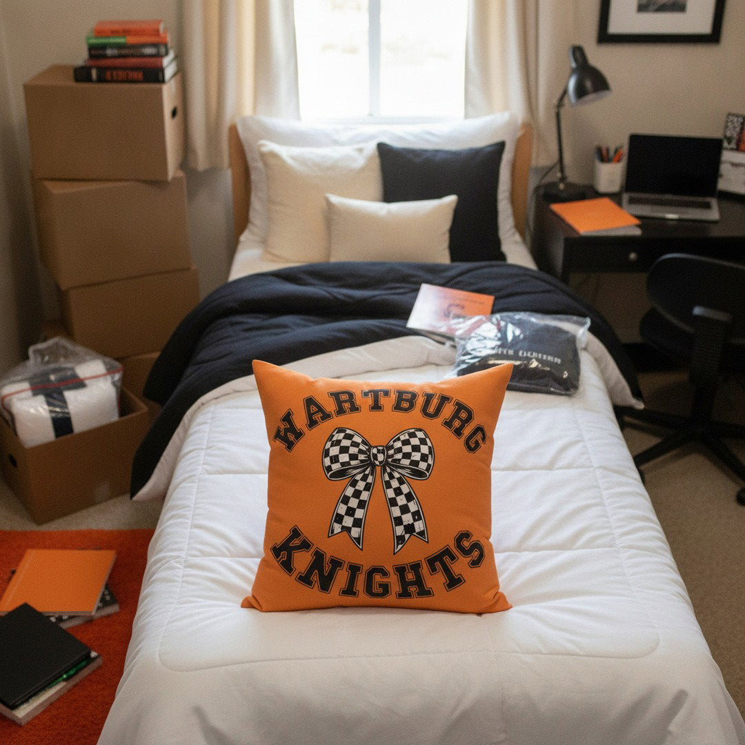 Wartburg Knights Checkered Bow Throw Pillow – Orange College Dorm Decor | 7 Sizes Available