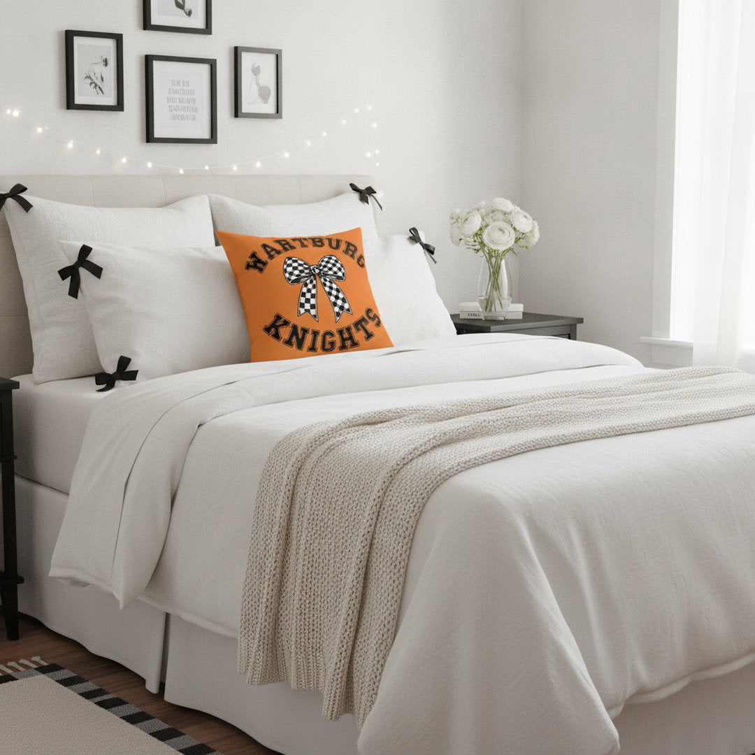 Wartburg Knights Checkered Bow Throw Pillow – Orange College Dorm Decor | 7 Sizes Available