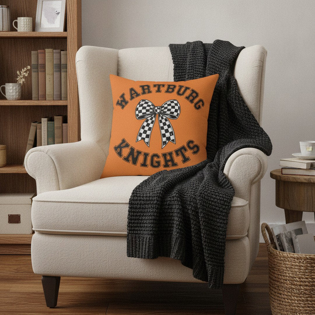 Wartburg Knights Checkered Bow Throw Pillow – Orange College Dorm Decor | 7 Sizes Available