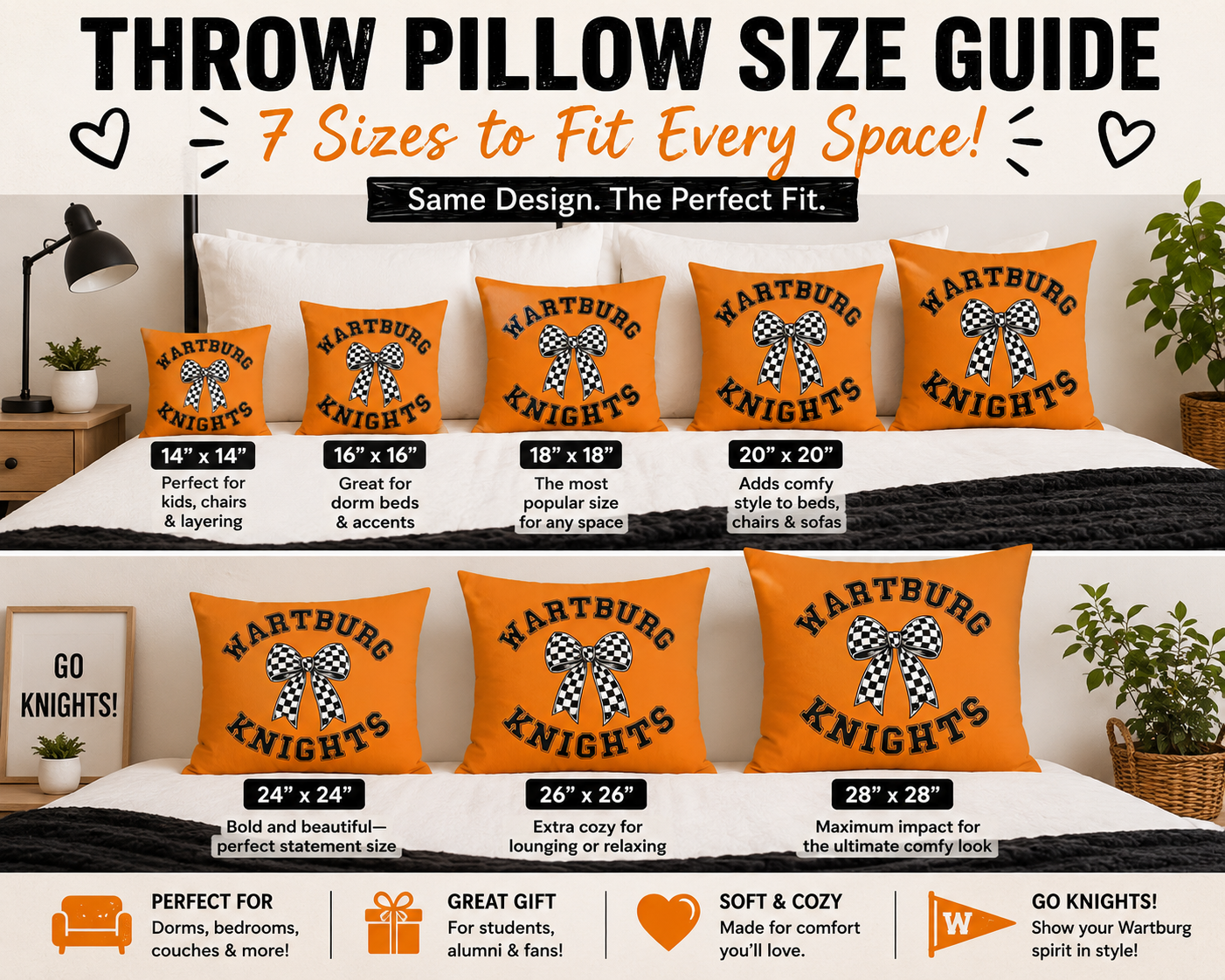 Wartburg Knights Checkered Bow Throw Pillow – Orange College Dorm Decor | 7 Sizes Available