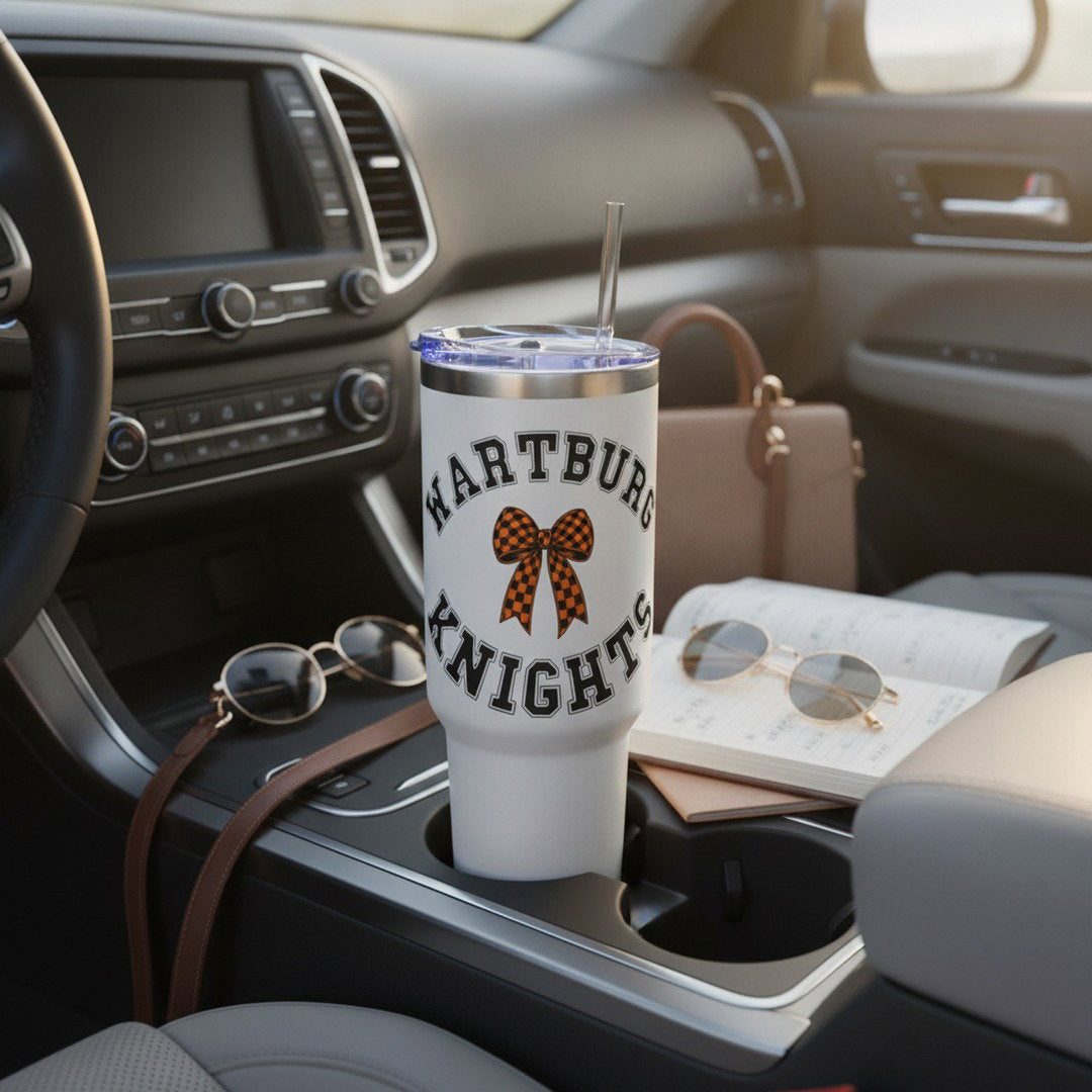 Wartburg Knights Checkered Bow 40 oz Travel Mug – Insulated College Tumbler with Handle & Straw