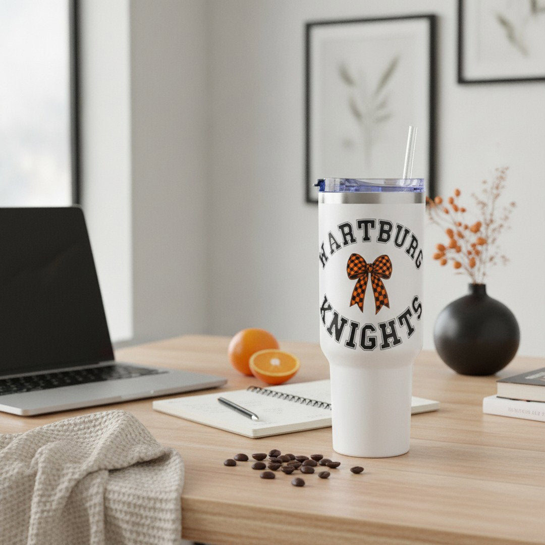 Wartburg Knights Checkered Bow 40 oz Travel Mug – Insulated College Tumbler with Handle & Straw