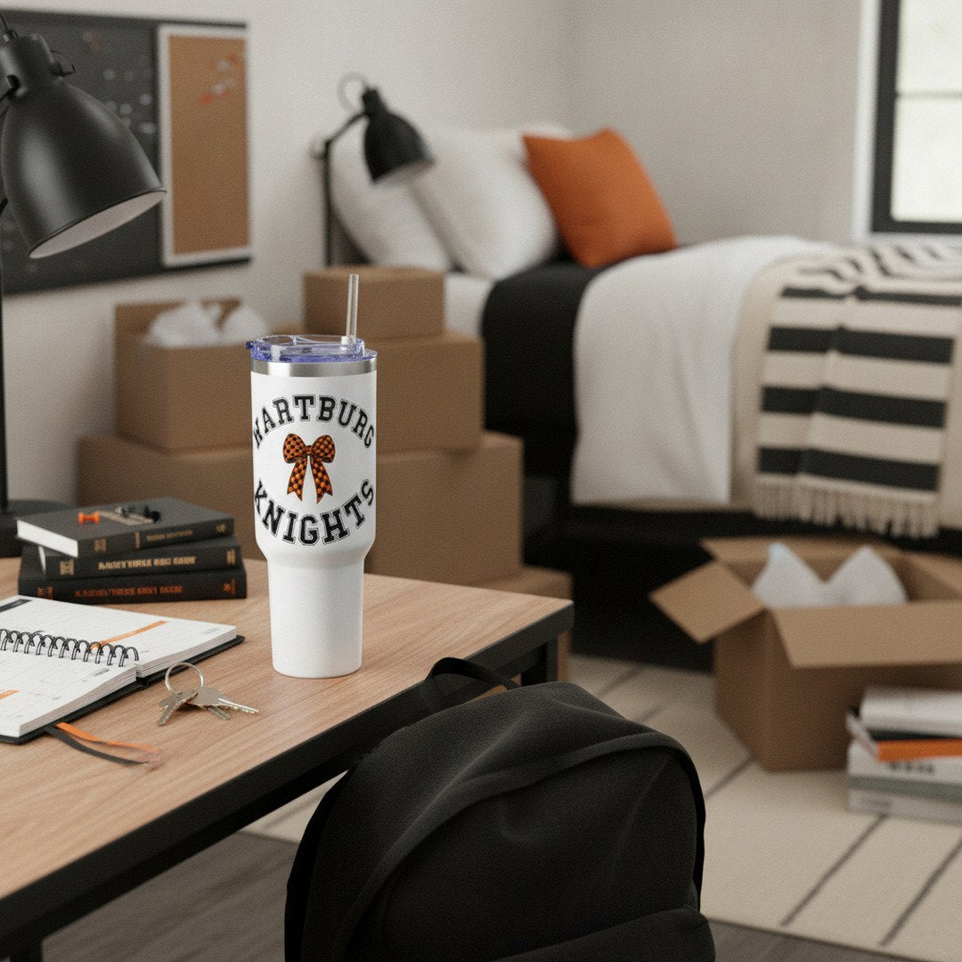 Wartburg Knights Checkered Bow 40 oz Travel Mug – Insulated College Tumbler with Handle & Straw