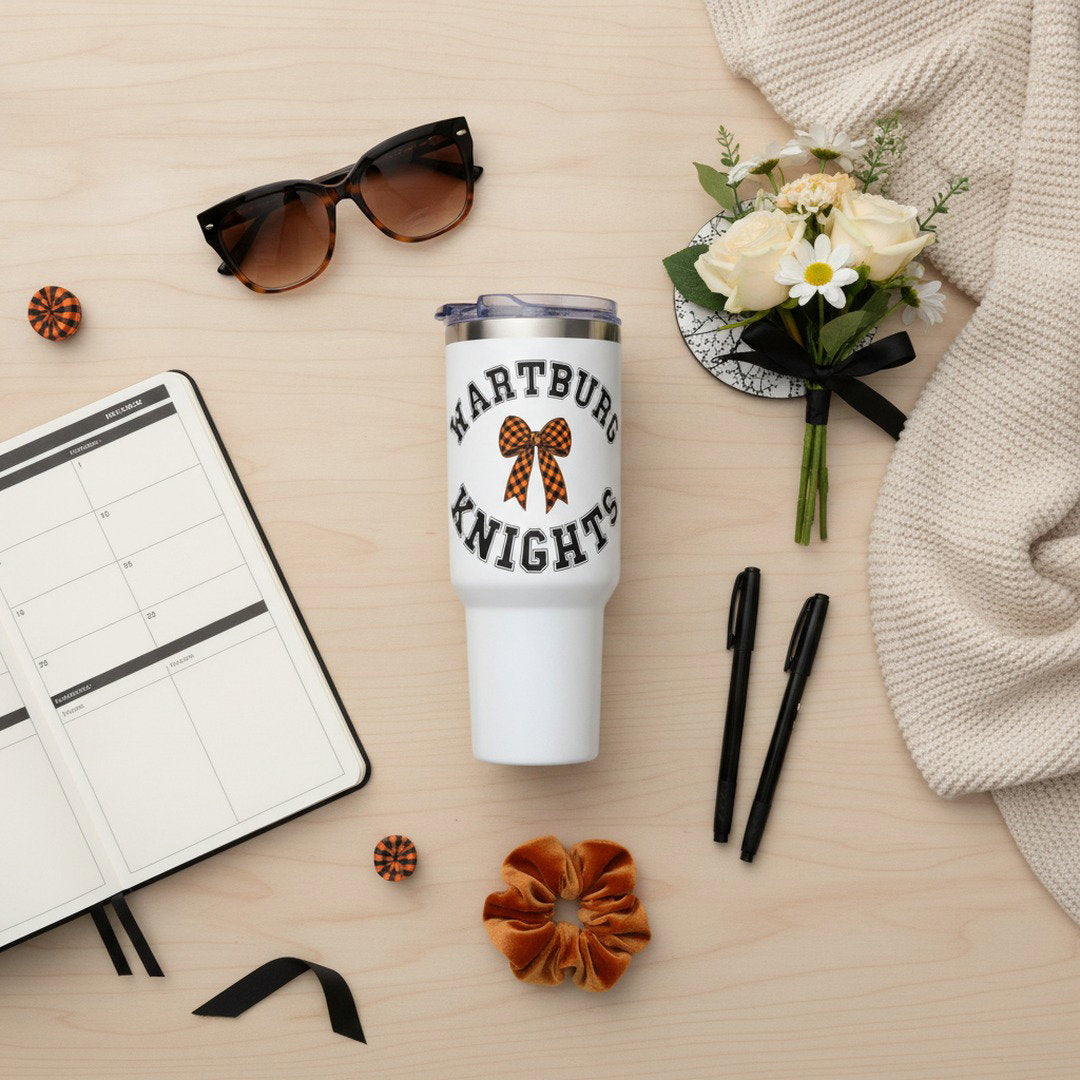 Wartburg Knights Checkered Bow 40 oz Travel Mug – Insulated College Tumbler with Handle & Straw