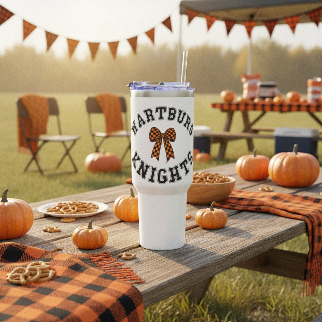 Wartburg Knights Checkered Bow 40 oz Travel Mug – Insulated College Tumbler with Handle & Straw