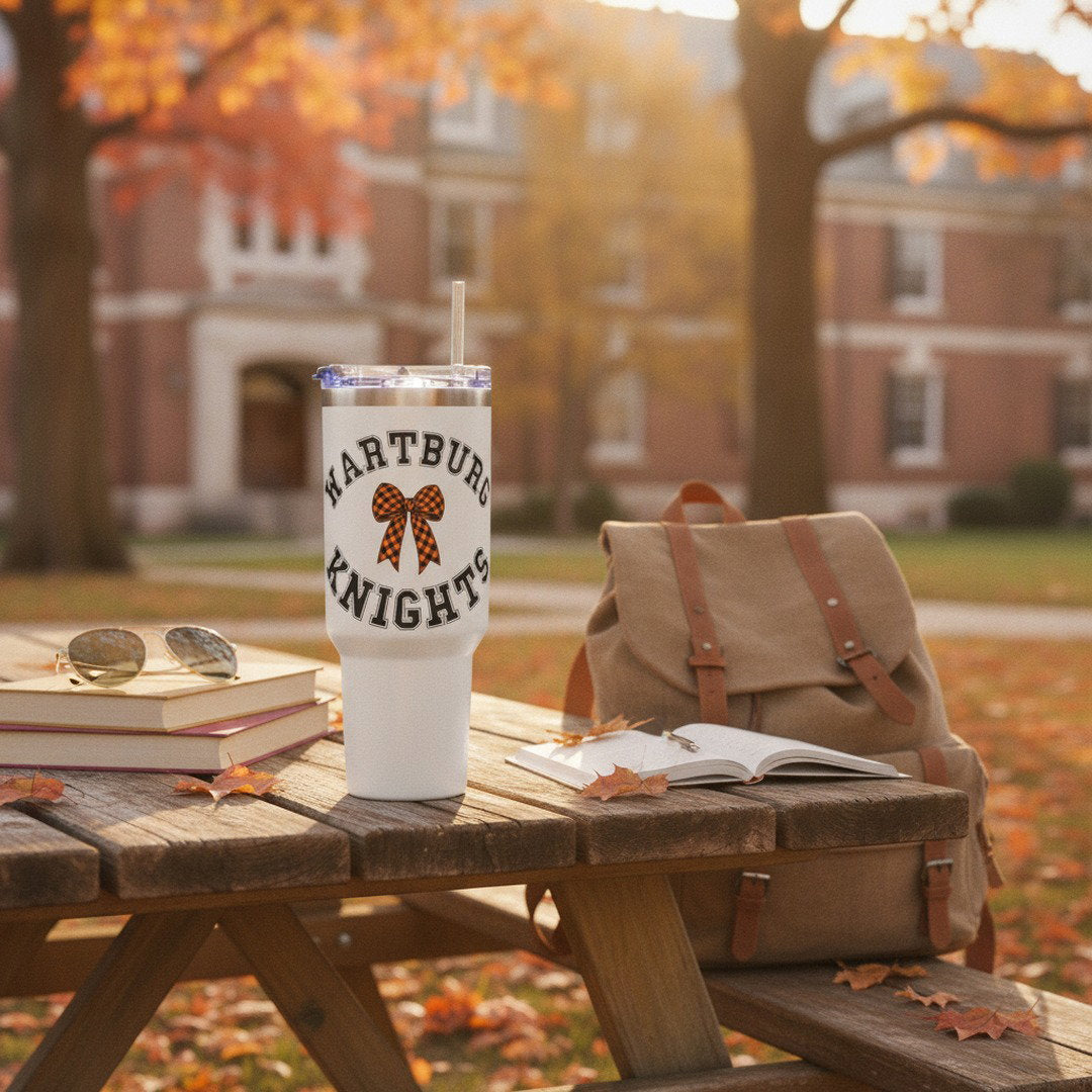 Wartburg Knights Checkered Bow 40 oz Travel Mug – Insulated College Tumbler with Handle & Straw