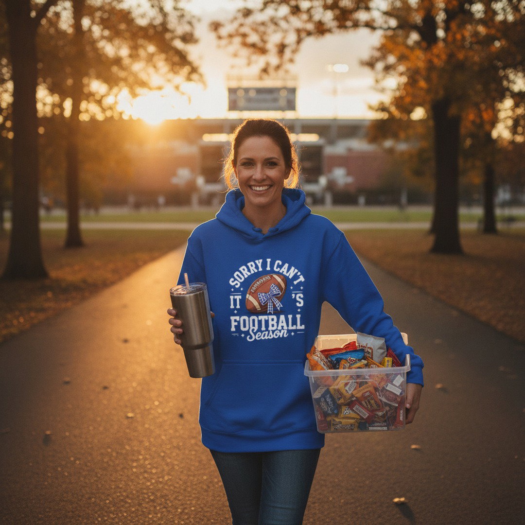 Sorry I Can't, It's Football Season Hoodie | Royal Blue, White & Heather Gray | Go KoMets Football Sweatshirt | School Spirit Hoodie