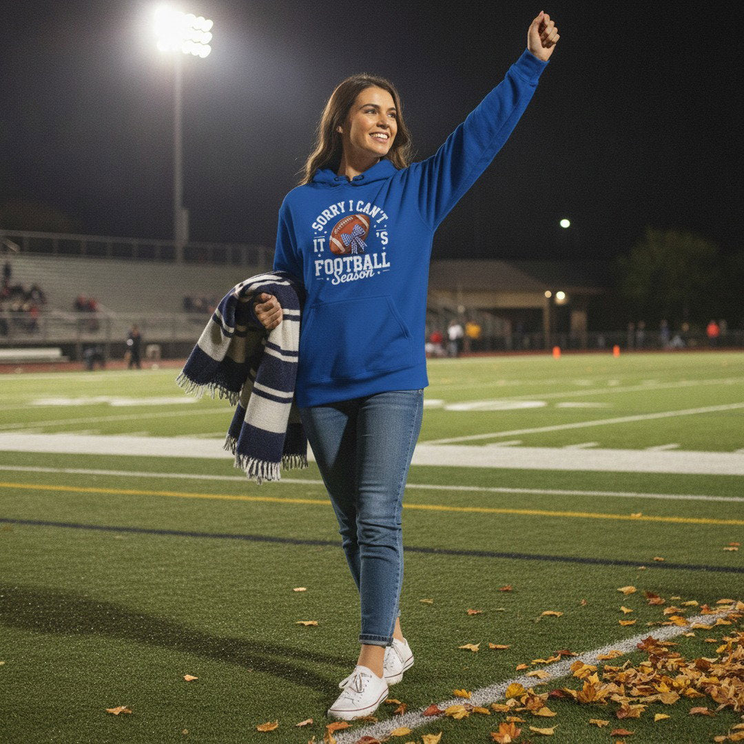 Sorry I Can't, It's Football Season Hoodie | Royal Blue, White & Heather Gray | Go KoMets Football Sweatshirt | School Spirit Hoodie