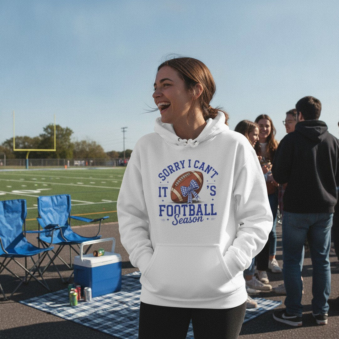 Sorry I Can't, It's Football Season Hoodie | Royal Blue, White & Heather Gray | Go KoMets Football Sweatshirt | School Spirit Hoodie
