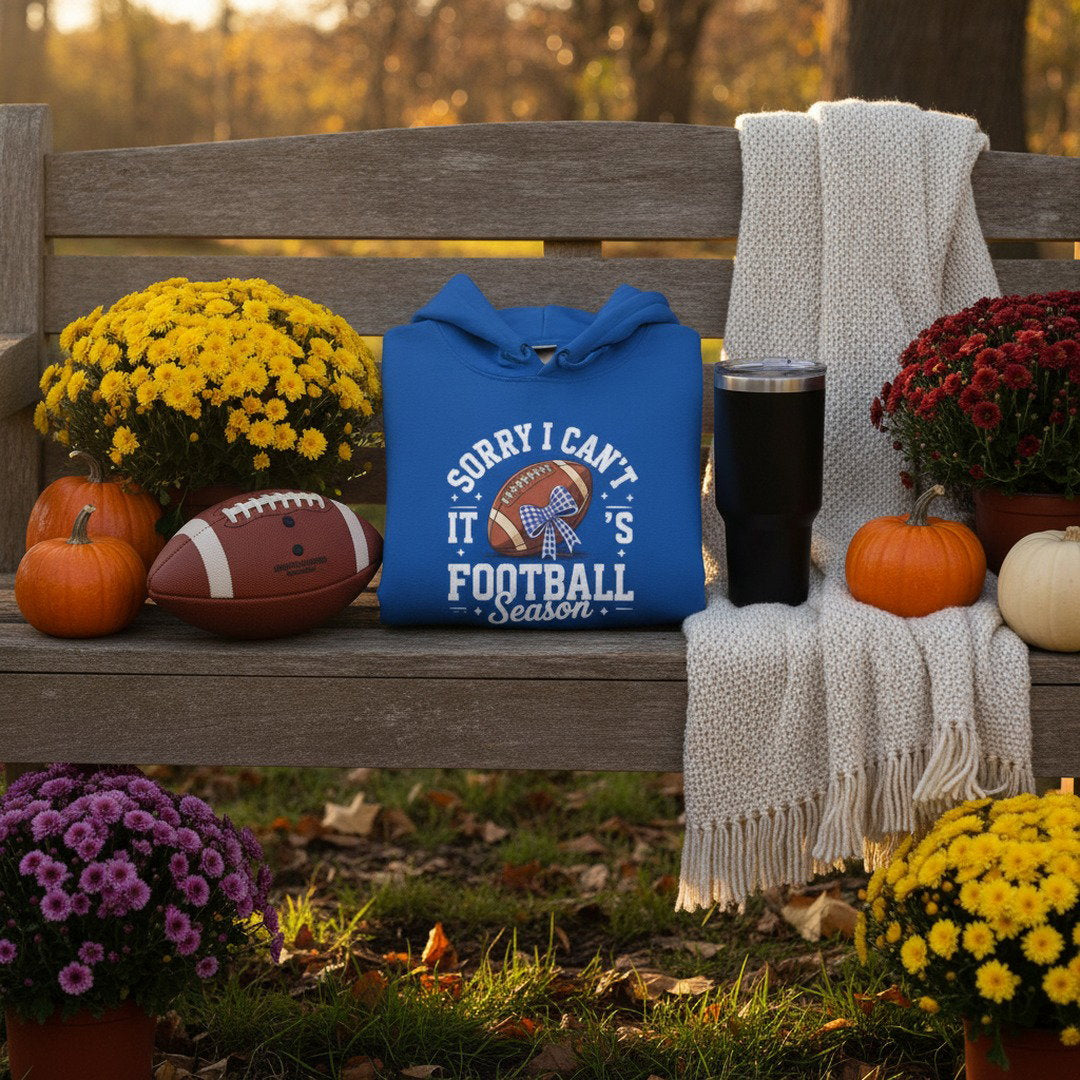 Sorry I Can't, It's Football Season Hoodie | Royal Blue, White & Heather Gray | Go KoMets Football Sweatshirt | School Spirit Hoodie