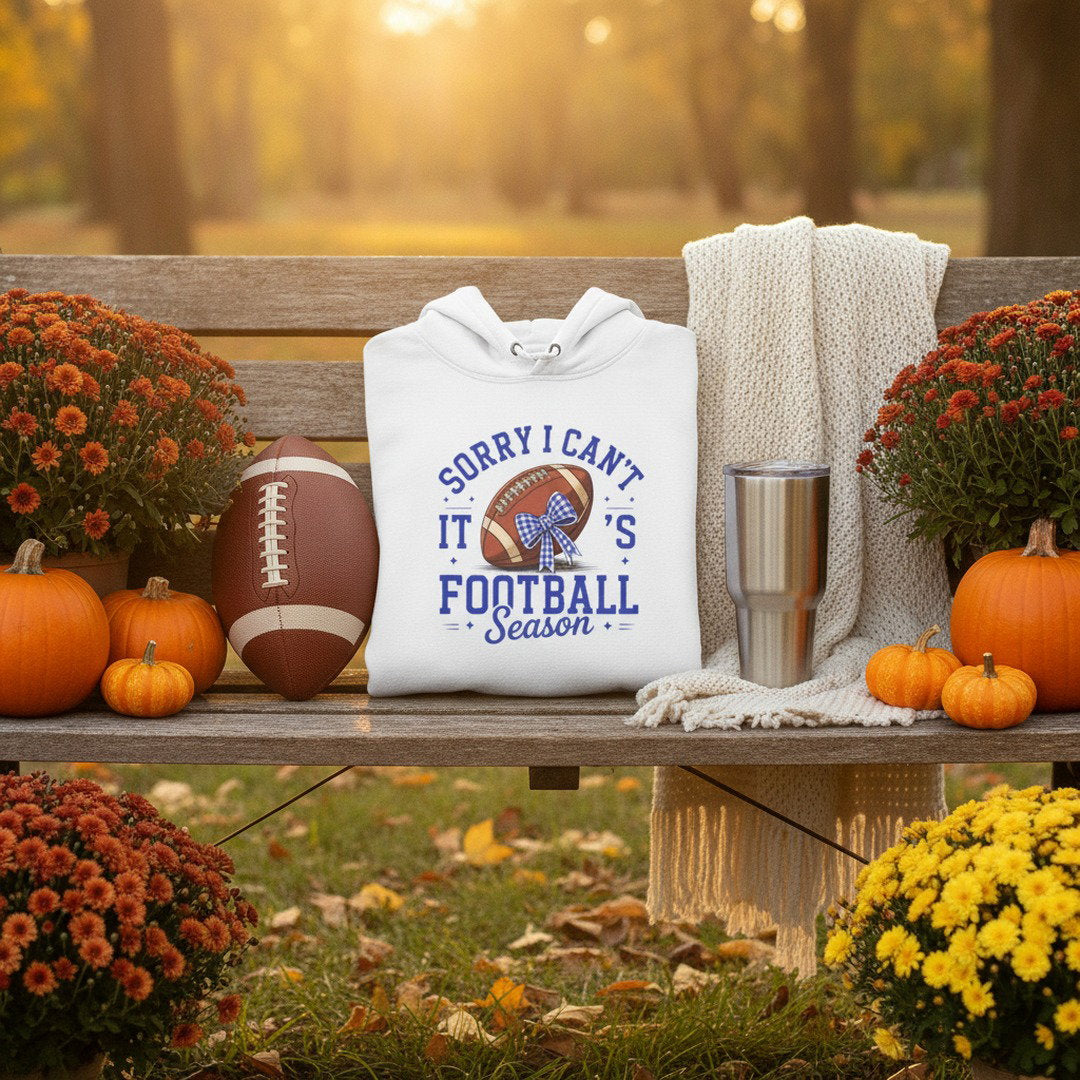 Sorry I Can't, It's Football Season Hoodie | Royal Blue, White & Heather Gray | Go KoMets Football Sweatshirt | School Spirit Hoodie