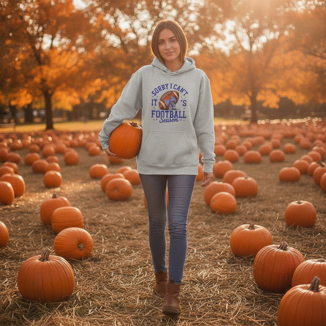 Sorry I Can't, It's Football Season Hoodie | Royal Blue, White & Heather Gray | Go KoMets Football Sweatshirt | School Spirit Hoodie
