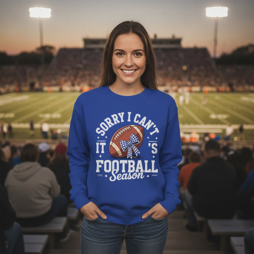 Sorry I Can't, It's Football Season Crewneck Sweatshirt | Royal Blue & Heather Gray | Cute Football Fan Sweatshirt | School Spirit Game Day Pullover