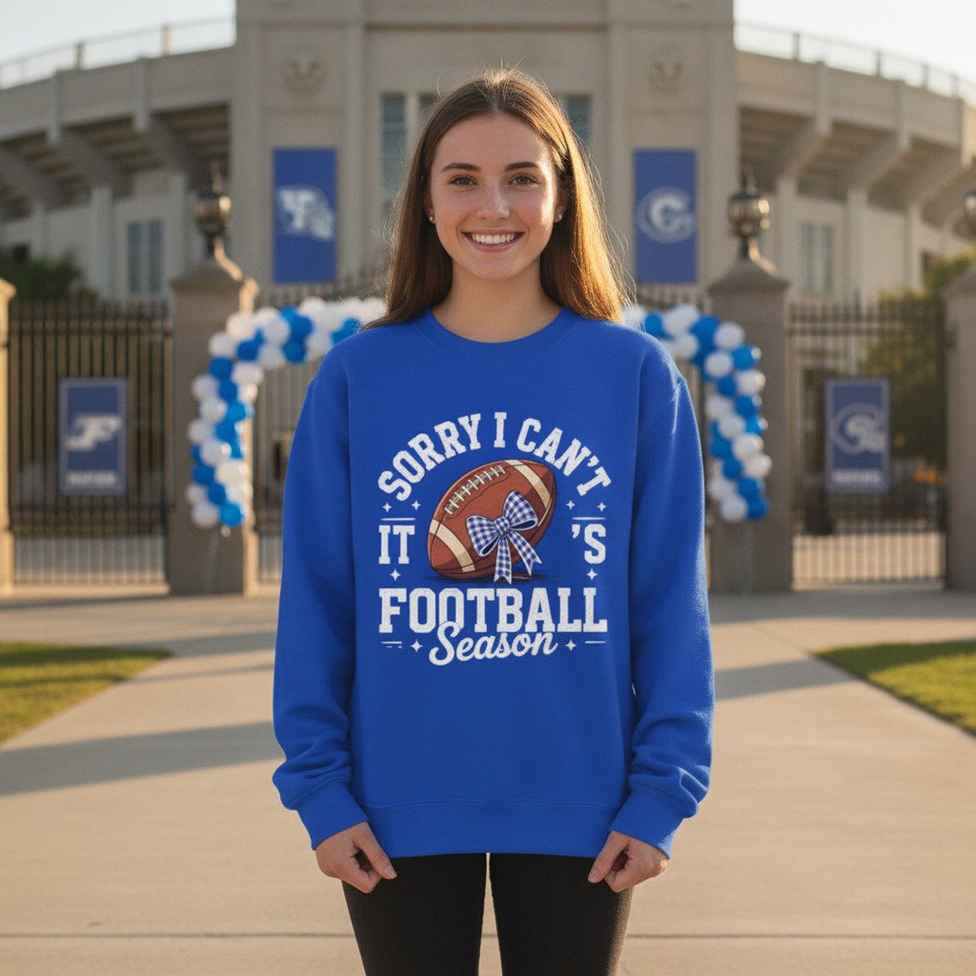 Sorry I Can't, It's Football Season Crewneck Sweatshirt | Royal Blue & Heather Gray | Cute Football Fan Sweatshirt | School Spirit Game Day Pullover