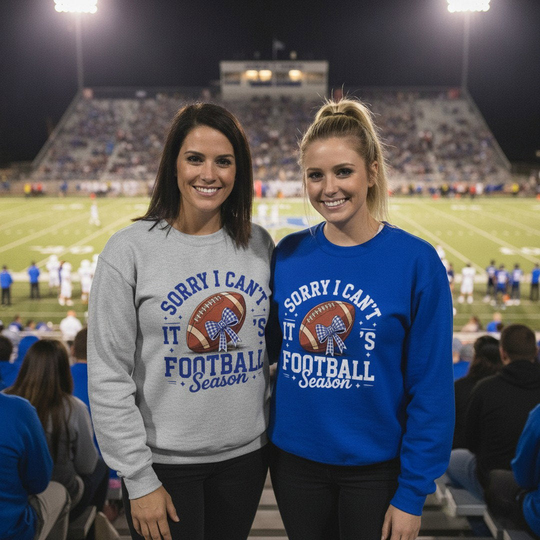Sorry I Can't, It's Football Season Crewneck Sweatshirt | Royal Blue & Heather Gray | Cute Football Fan Sweatshirt | School Spirit Game Day Pullover
