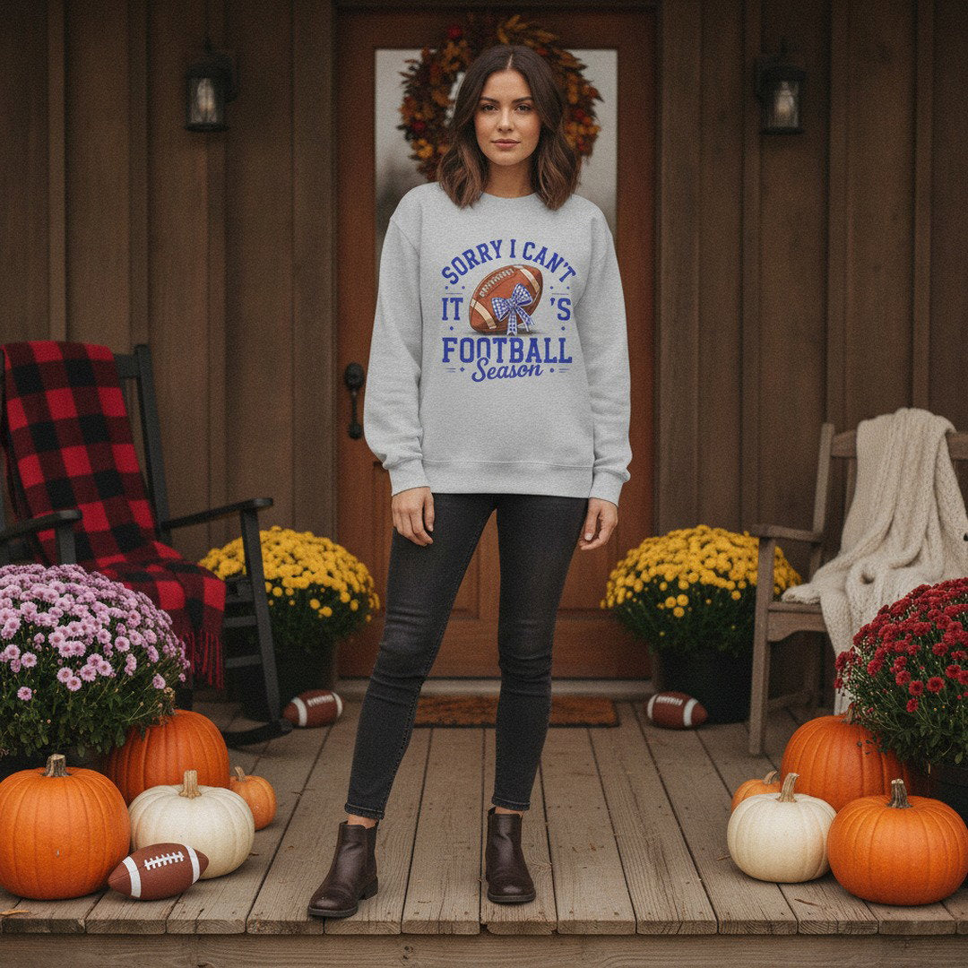 Sorry I Can't, It's Football Season Crewneck Sweatshirt | Royal Blue & Heather Gray | Cute Football Fan Sweatshirt | School Spirit Game Day Pullover