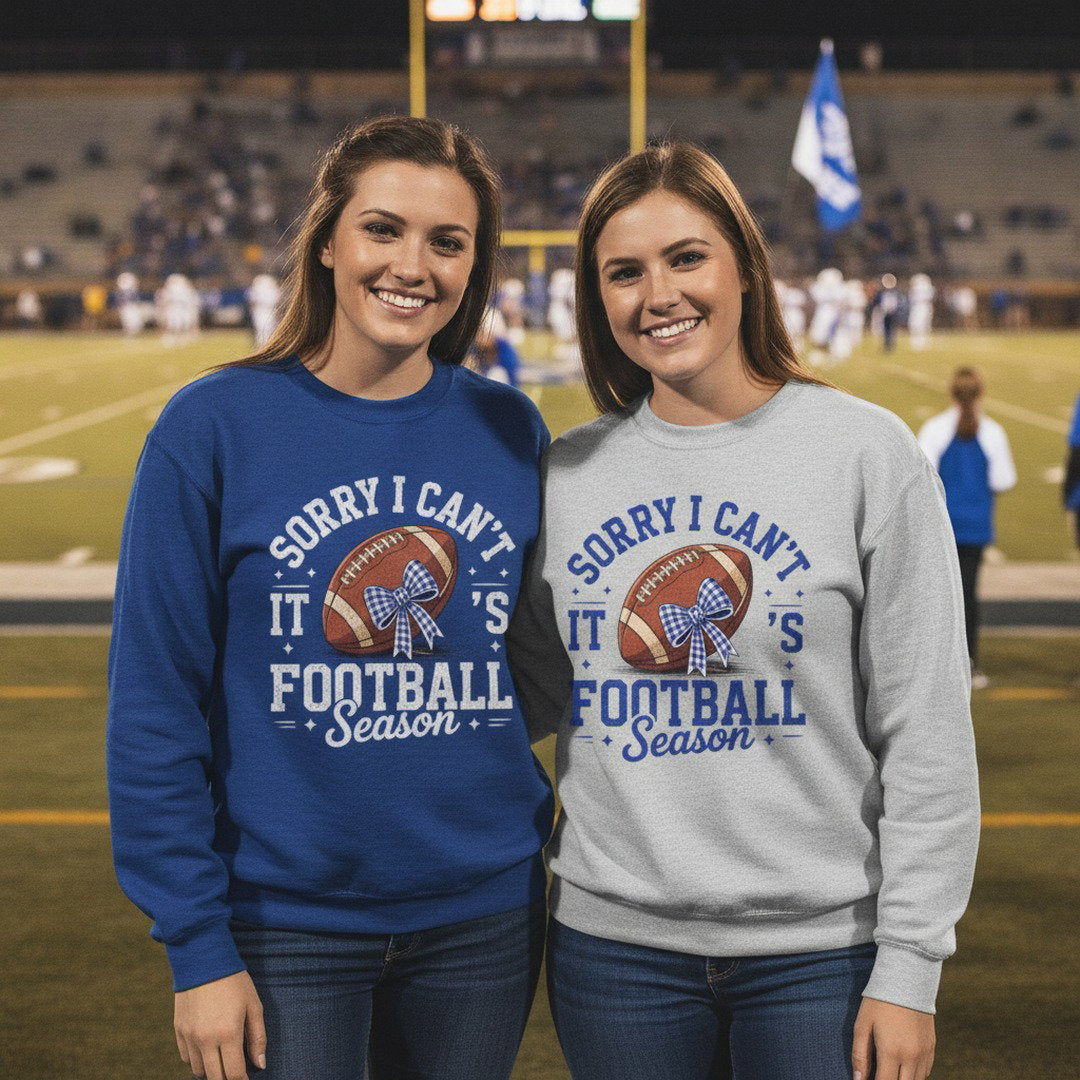 Sorry I Can't, It's Football Season Crewneck Sweatshirt | Royal Blue & Heather Gray | Cute Football Fan Sweatshirt | School Spirit Game Day Pullover