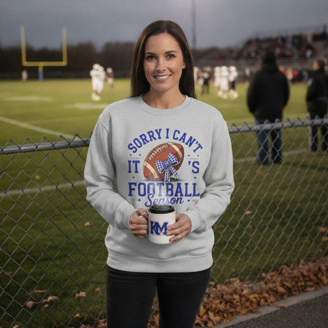 Sorry I Can't, It's Football Season Crewneck Sweatshirt | Royal Blue & Heather Gray | Cute Football Fan Sweatshirt | School Spirit Game Day Pullover