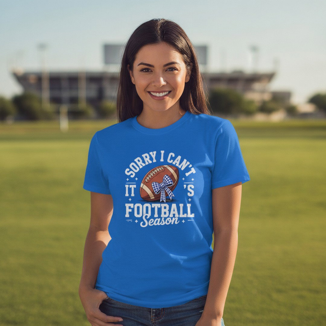 Sorry I Can't, It's Football Season Bow T-Shirt | Royal Blue, Heather Gray & White | Cute Football Mom Tee | Game Day Shirt | School Spirit Shirt