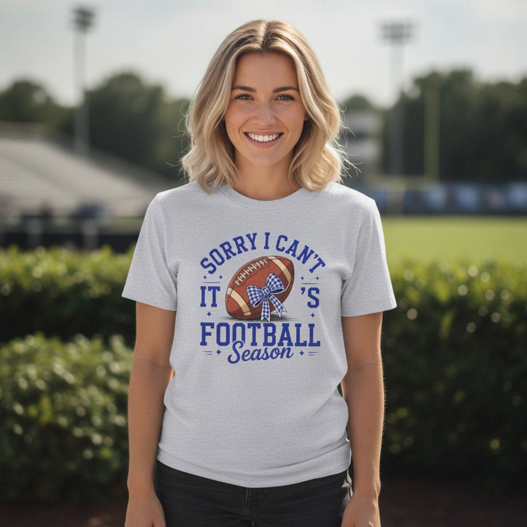 Sorry I Can't, It's Football Season Bow T-Shirt | Royal Blue, Heather Gray & White | Cute Football Mom Tee | Game Day Shirt | School Spirit Shirt