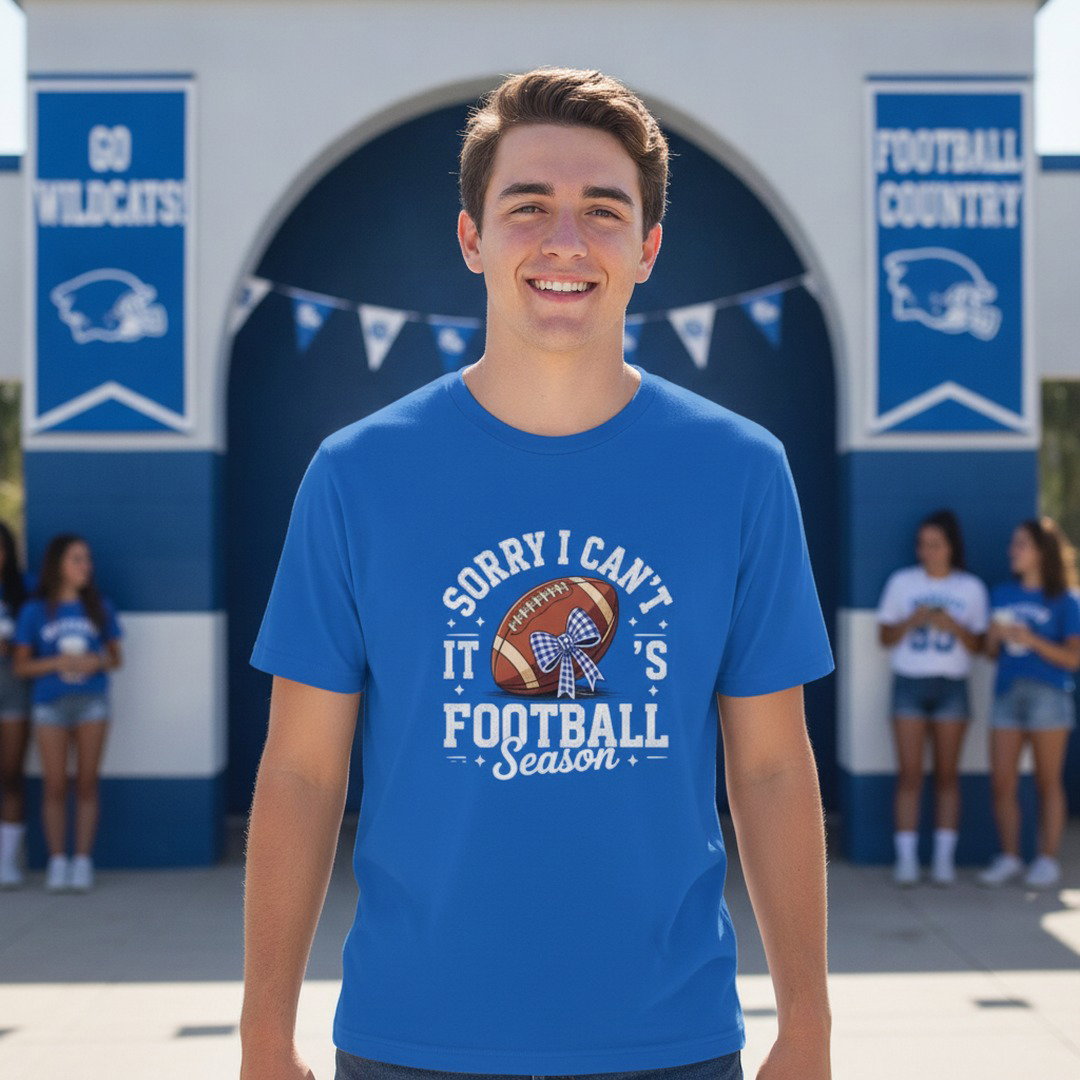 Sorry I Can't, It's Football Season Bow T-Shirt | Royal Blue, Heather Gray & White | Cute Football Mom Tee | Game Day Shirt | School Spirit Shirt