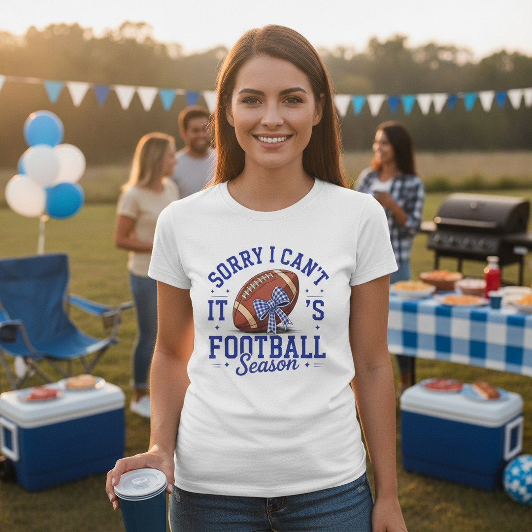 Sorry I Can't, It's Football Season Bow T-Shirt | Royal Blue, Heather Gray & White | Cute Football Mom Tee | Game Day Shirt | School Spirit Shirt
