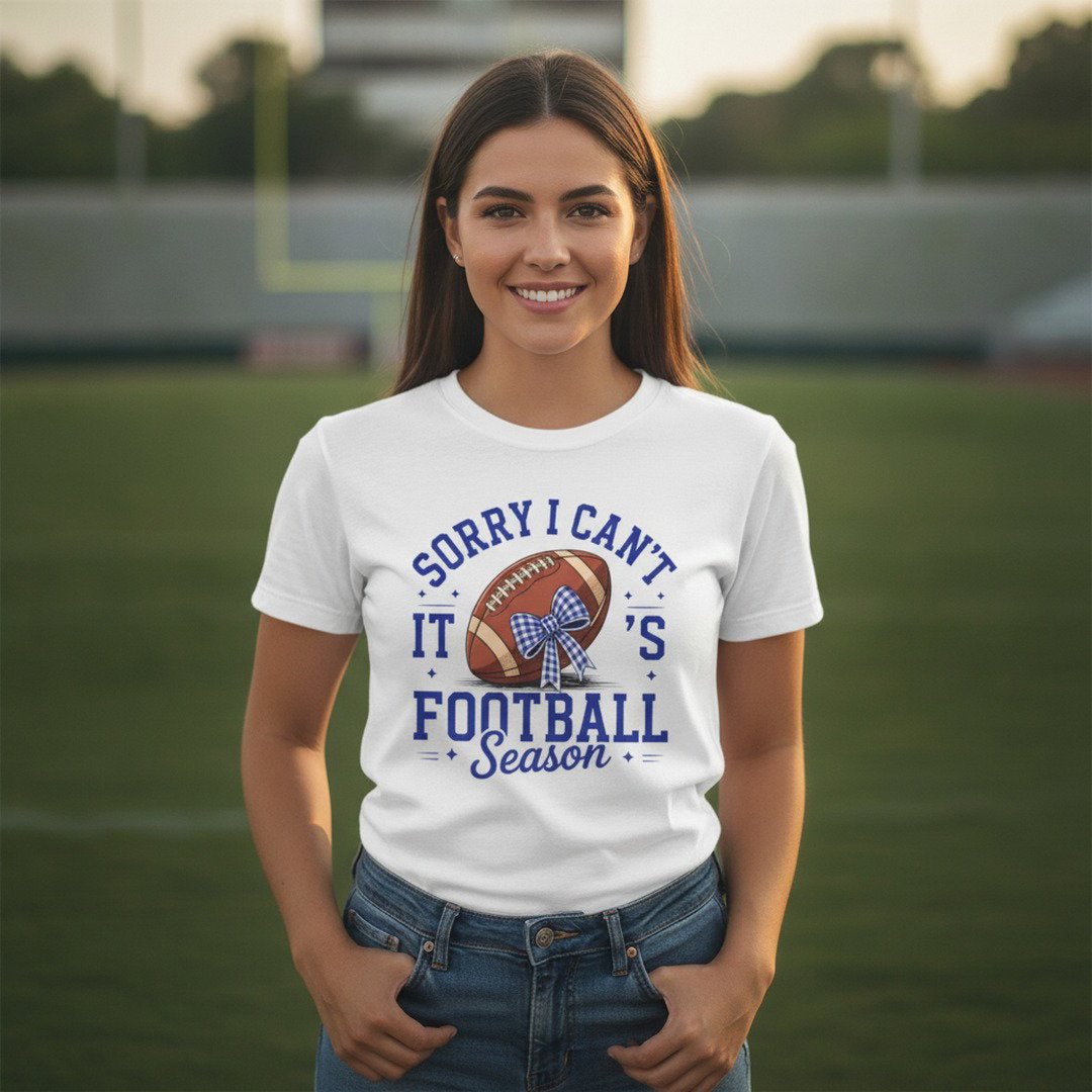 Sorry I Can't, It's Football Season Bow T-Shirt | Royal Blue, Heather Gray & White | Cute Football Mom Tee | Game Day Shirt | School Spirit Shirt