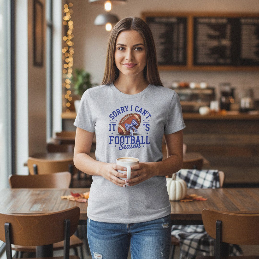 Sorry I Can't, It's Football Season Bow T-Shirt | Royal Blue, Heather Gray & White | Cute Football Mom Tee | Game Day Shirt | School Spirit Shirt