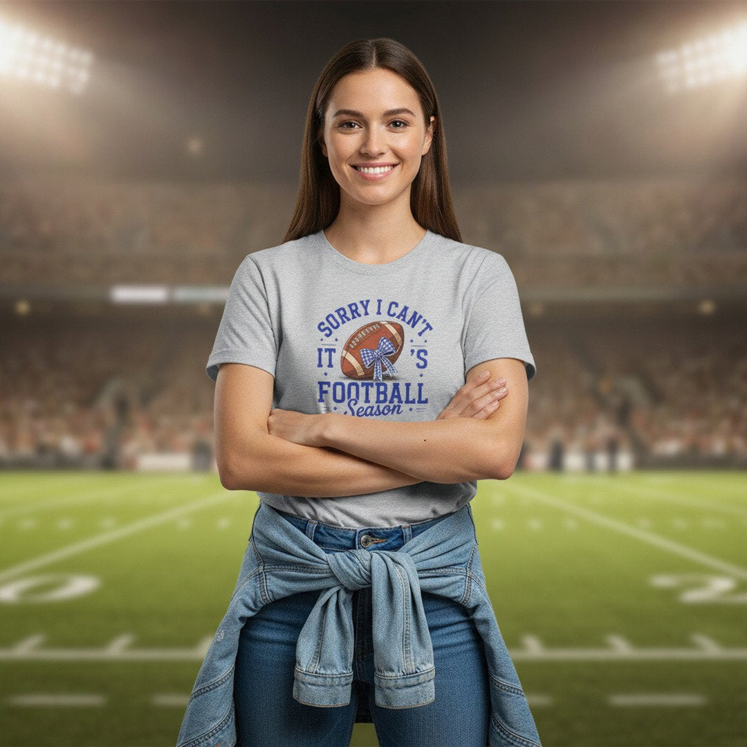 Sorry I Can't, It's Football Season Bow T-Shirt | Royal Blue, Heather Gray & White | Cute Football Mom Tee | Game Day Shirt | School Spirit Shirt