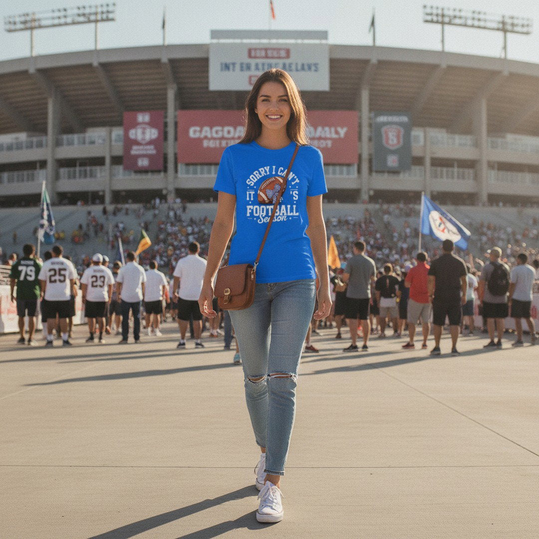 Sorry I Can't, It's Football Season Bow T-Shirt | Royal Blue, Heather Gray & White | Cute Football Mom Tee | Game Day Shirt | School Spirit Shirt