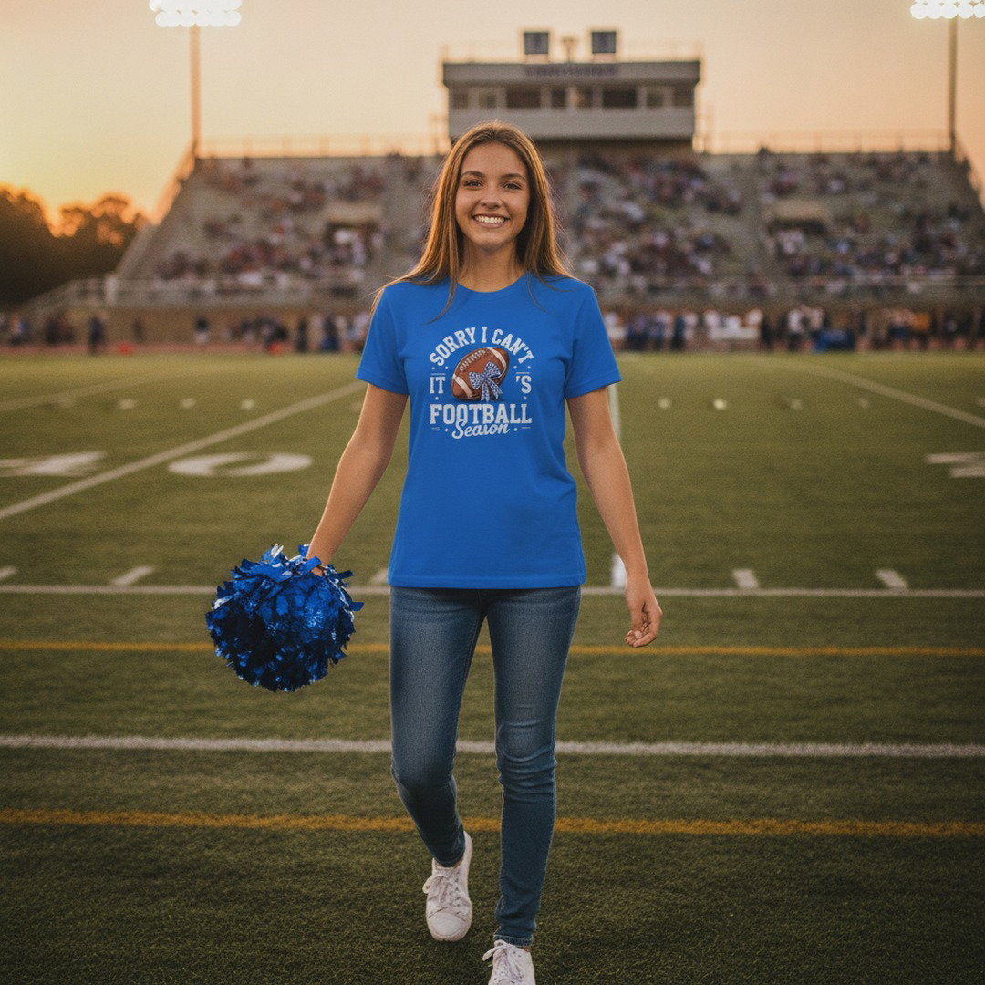 Sorry I Can't, It's Football Season Bow T-Shirt | Royal Blue, Heather Gray & White | Cute Football Mom Tee | Game Day Shirt | School Spirit Shirt