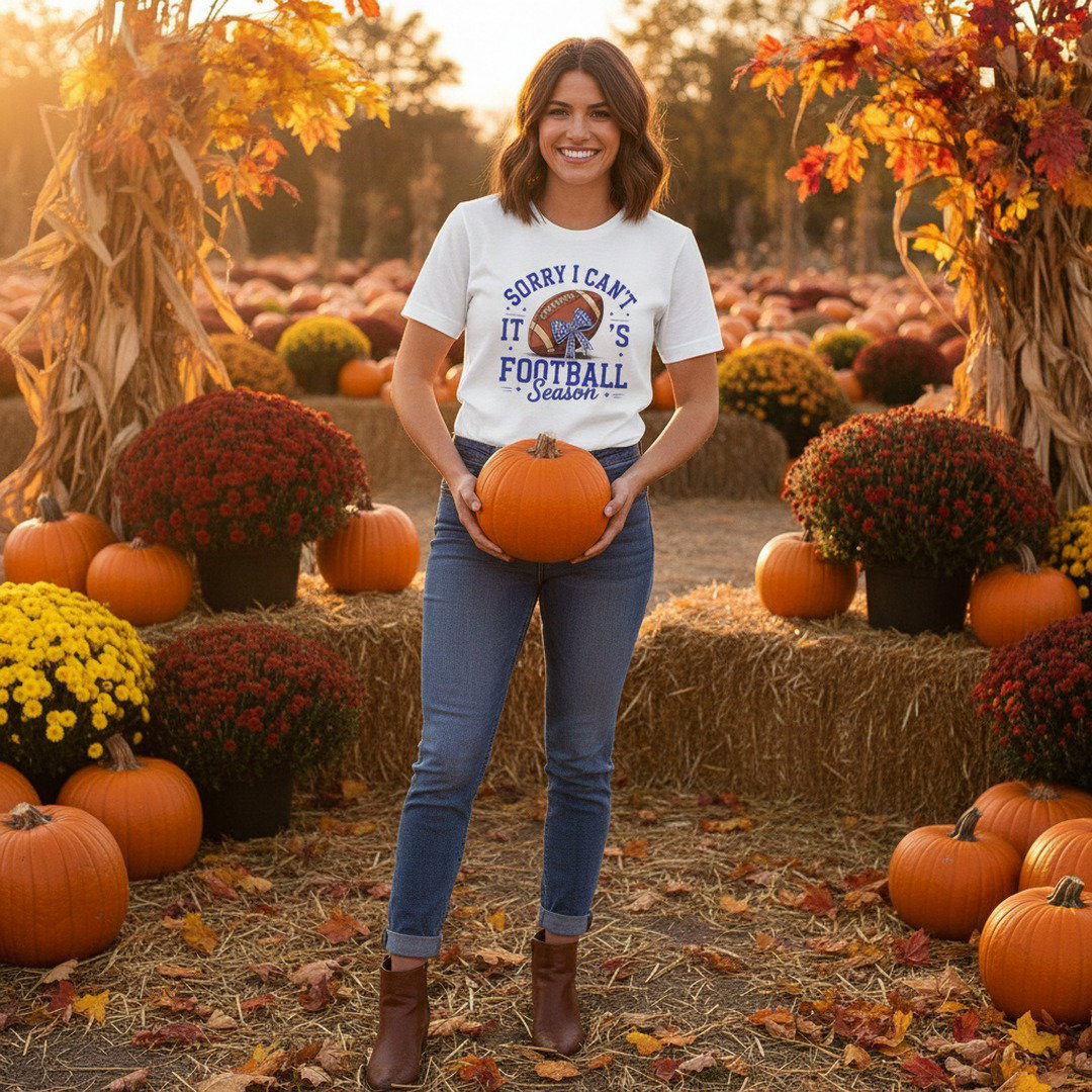 Sorry I Can't, It's Football Season Bow T-Shirt | Royal Blue, Heather Gray & White | Cute Football Mom Tee | Game Day Shirt | School Spirit Shirt