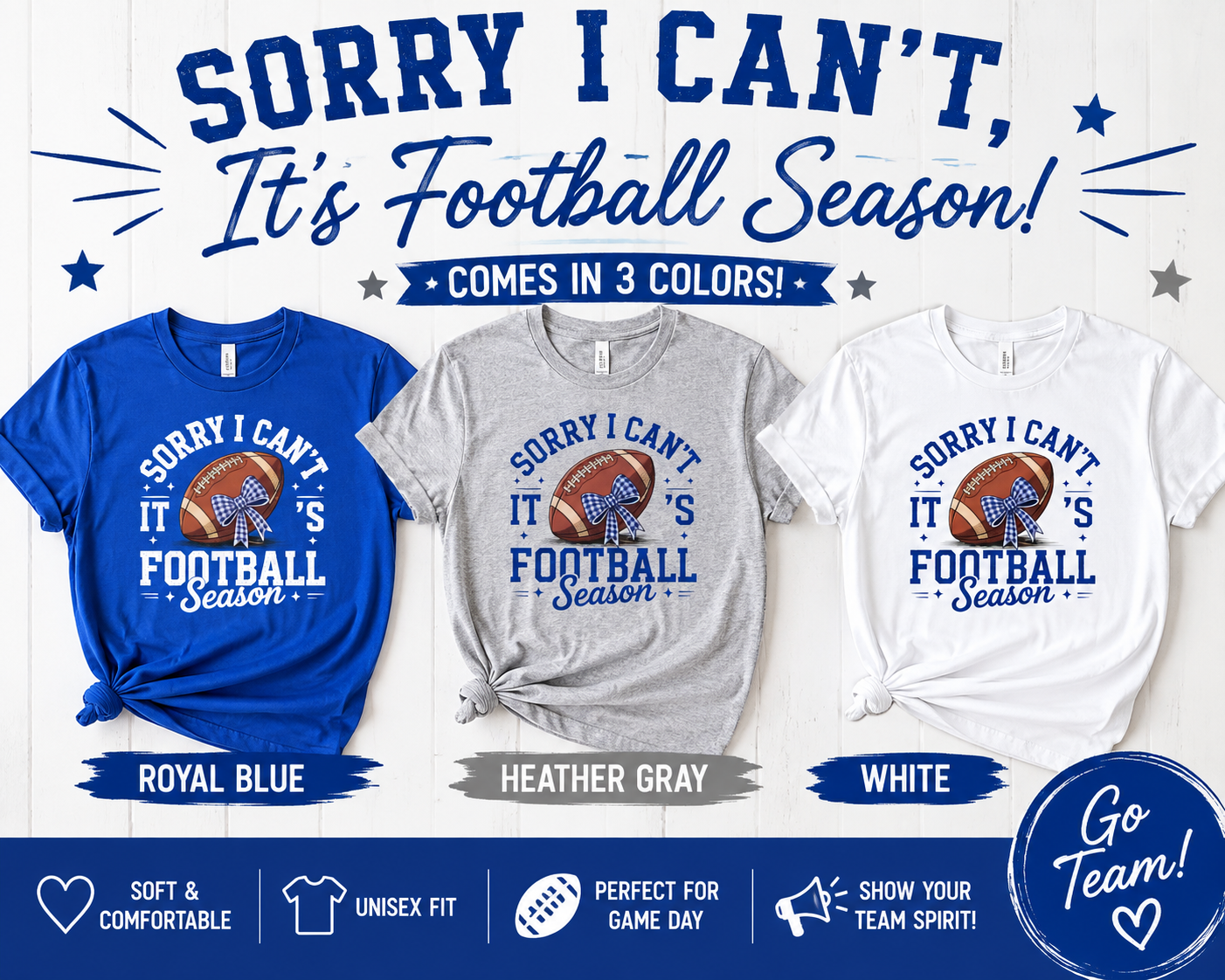 Sorry I Can't, It's Football Season Bow T-Shirt | Royal Blue, Heather Gray & White | Cute Football Mom Tee | Game Day Shirt | School Spirit Shirt