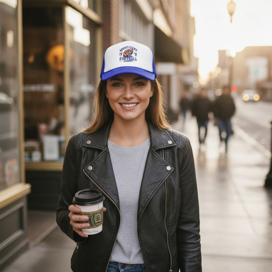 Sorry I Can't, It's Football Season Trucker Hat | Blue & White Football Hat | Football Mom Cap | Game Day Hat | School Spirit Mesh Cap