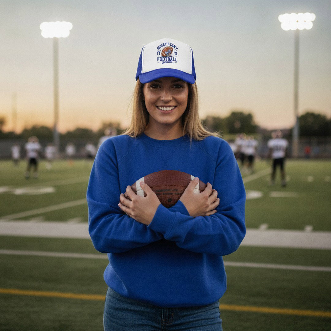 Sorry I Can't, It's Football Season Trucker Hat | Blue & White Football Hat | Football Mom Cap | Game Day Hat | School Spirit Mesh Cap