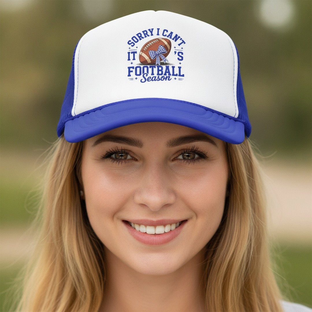 Sorry I Can't, It's Football Season Trucker Hat | Blue & White Football Hat | Football Mom Cap | Game Day Hat | School Spirit Mesh Cap