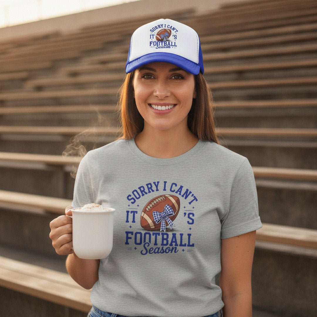 Sorry I Can't, It's Football Season Trucker Hat | Blue & White Football Hat | Football Mom Cap | Game Day Hat | School Spirit Mesh Cap