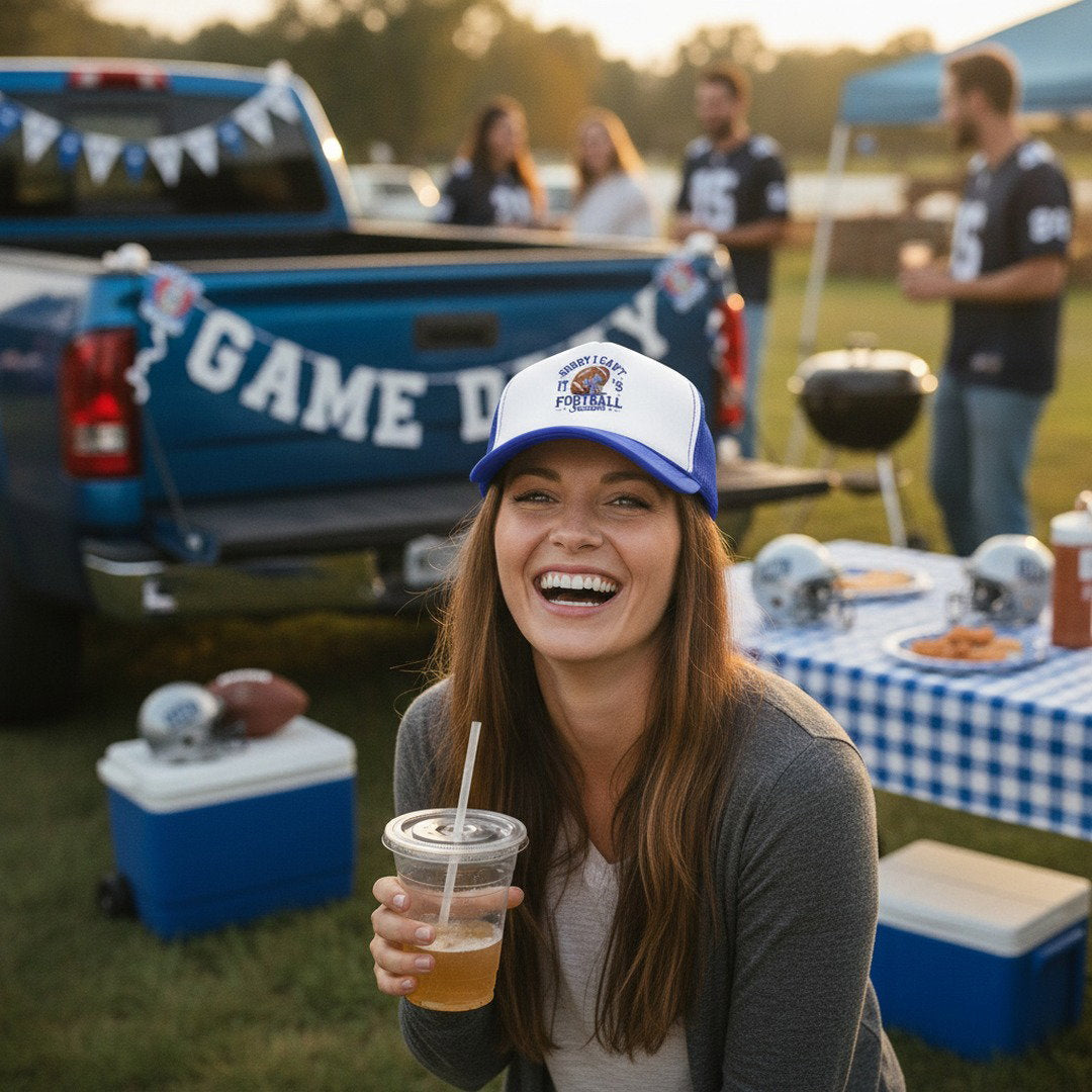 Sorry I Can't, It's Football Season Trucker Hat | Blue & White Football Hat | Football Mom Cap | Game Day Hat | School Spirit Mesh Cap