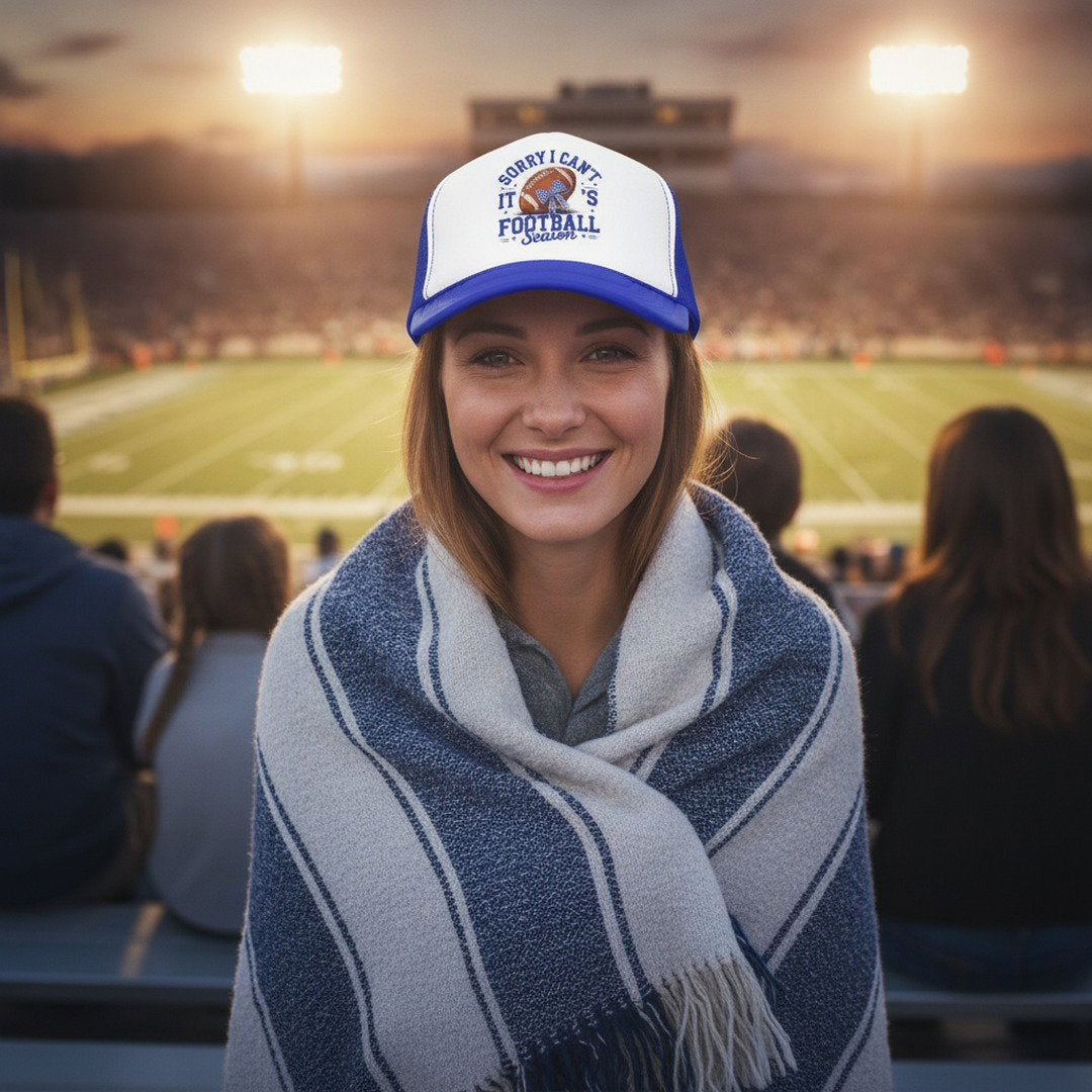 Sorry I Can't, It's Football Season Trucker Hat | Blue & White Football Hat | Football Mom Cap | Game Day Hat | School Spirit Mesh Cap