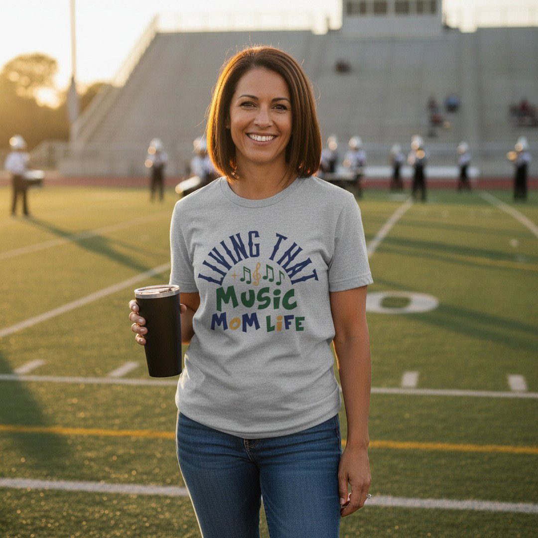 Living That Music Mom Life T-Shirt | Band Mom Tee | School Spirit Shirt | White, Heather Gray & Navy Blue