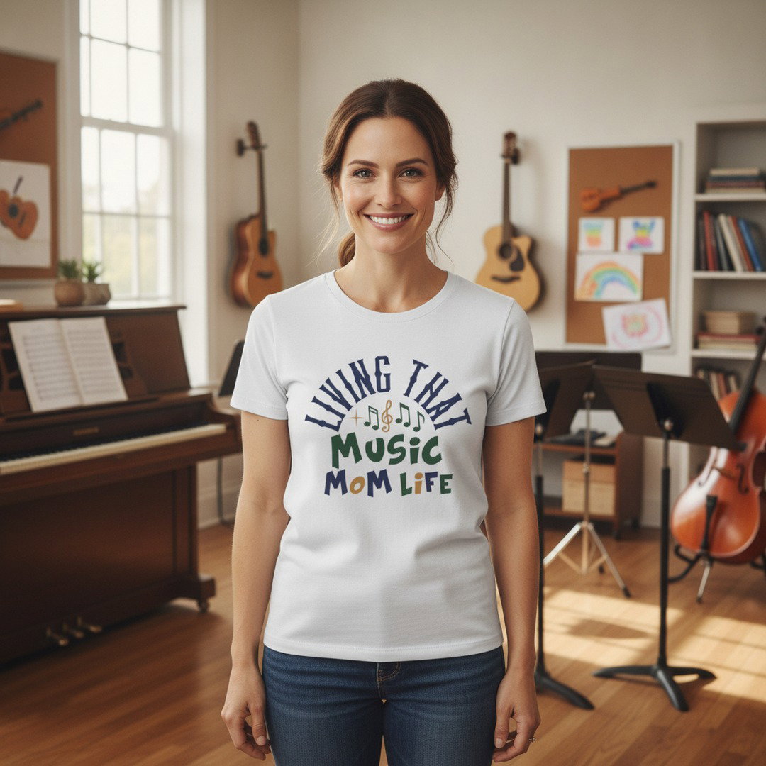 Living That Music Mom Life T-Shirt | Band Mom Tee | School Spirit Shirt | White, Heather Gray & Navy Blue
