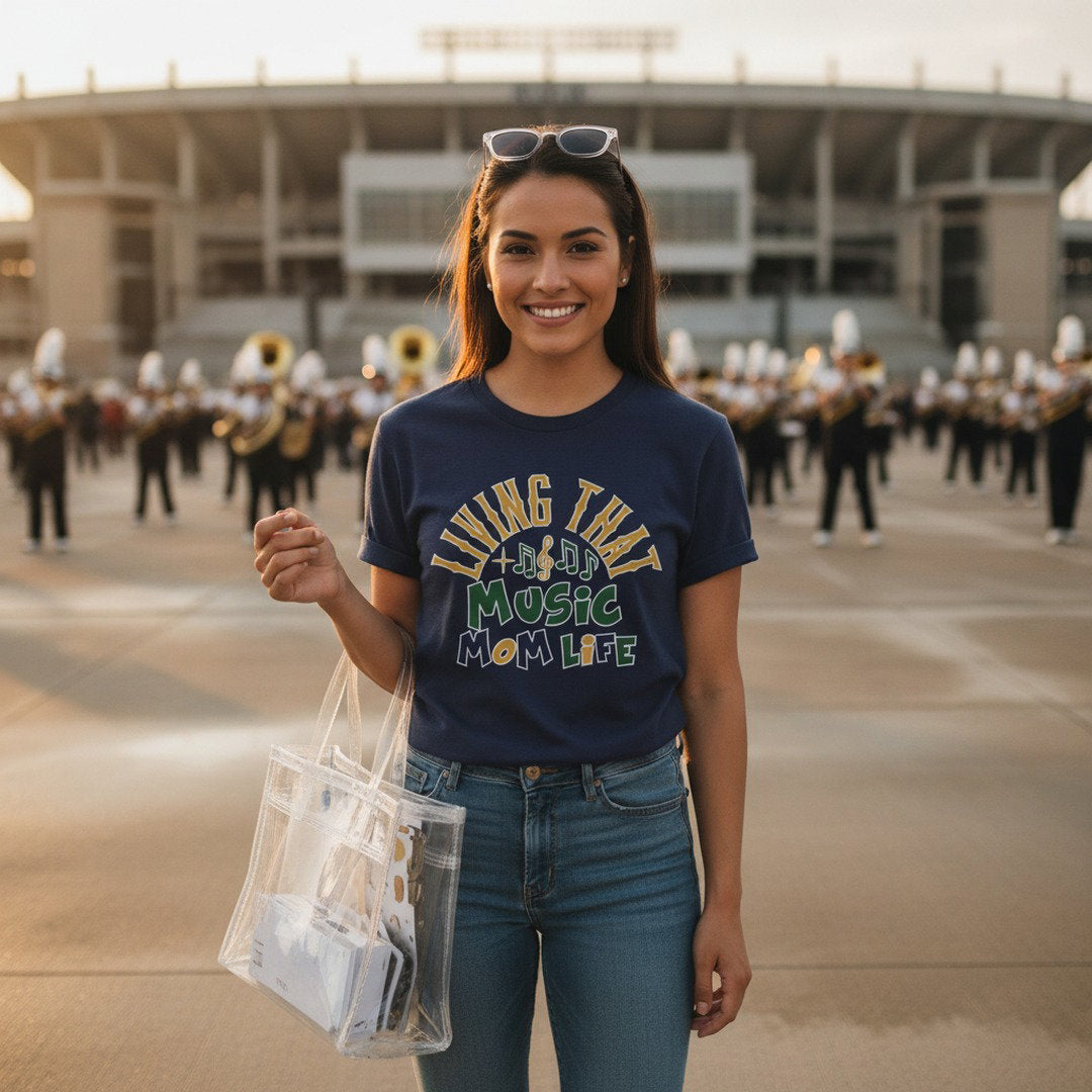 Living That Music Mom Life T-Shirt | Band Mom Tee | School Spirit Shirt | White, Heather Gray & Navy Blue
