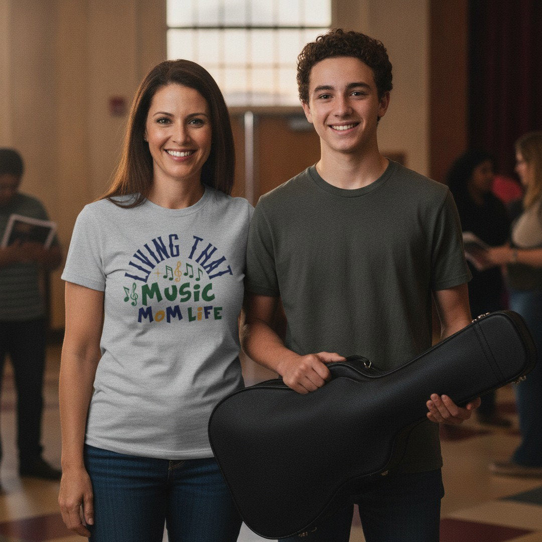 Living That Music Mom Life T-Shirt | Band Mom Tee | School Spirit Shirt | White, Heather Gray & Navy Blue