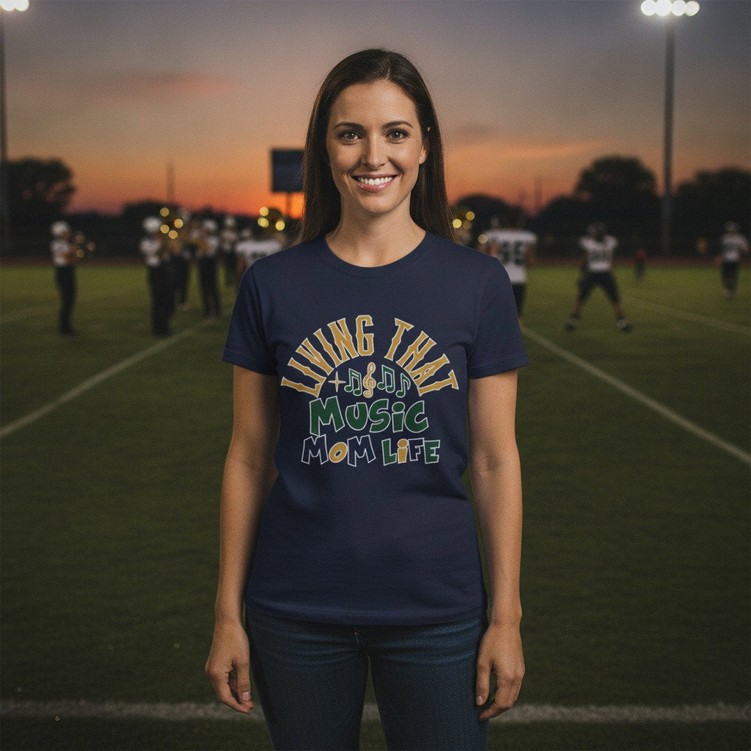 Living That Music Mom Life T-Shirt | Band Mom Tee | School Spirit Shirt | White, Heather Gray & Navy Blue