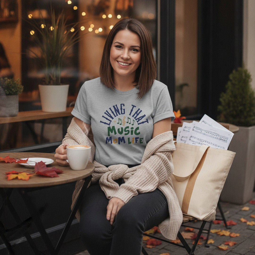 Living That Music Mom Life T-Shirt | Band Mom Tee | School Spirit Shirt | White, Heather Gray & Navy Blue
