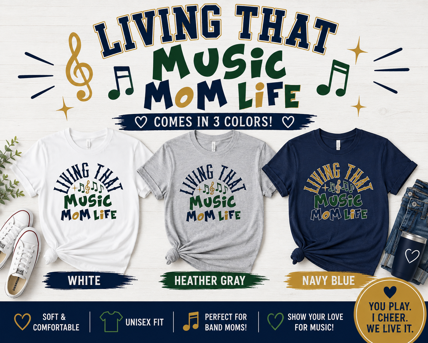 Living That Music Mom Life T-Shirt | Band Mom Tee | School Spirit Shirt | White, Heather Gray & Navy Blue
