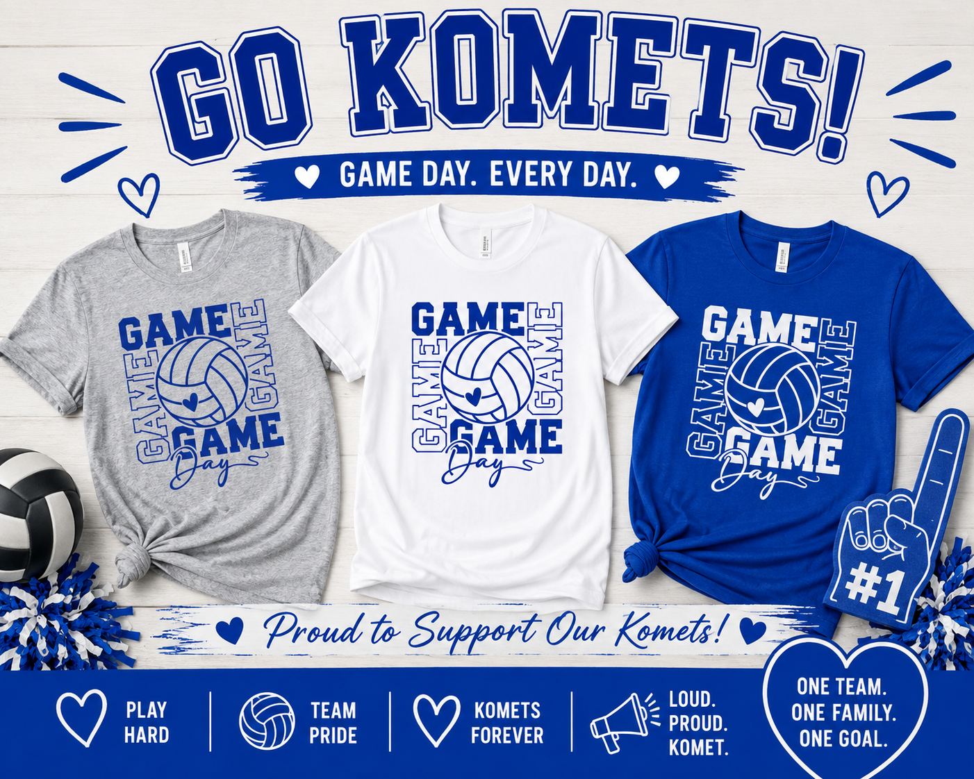 Go KoMets Volleyball Game Day Tee | Volleyball Fan Shirt | Royal Blue, Heather Gray & White