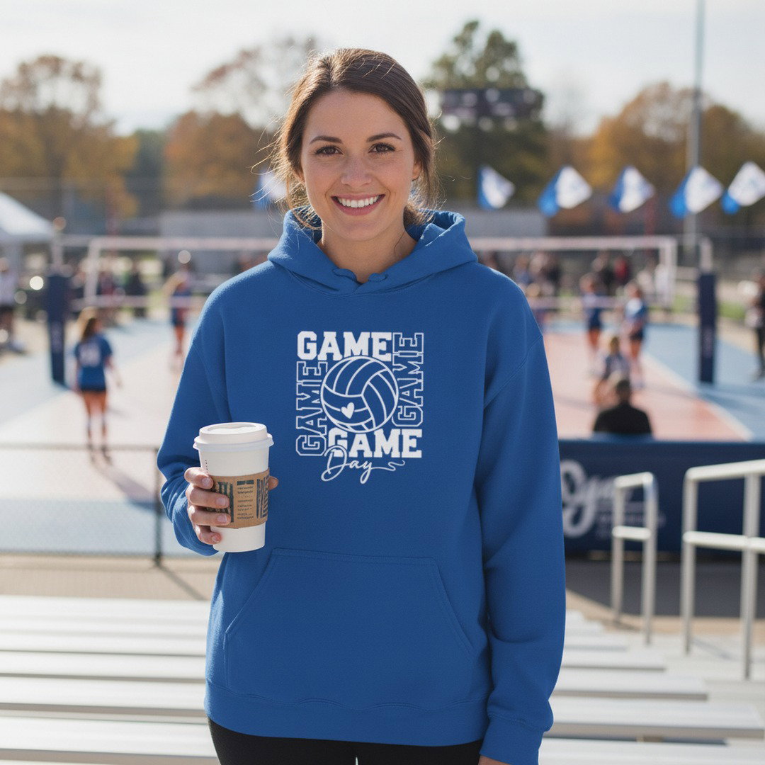 Game Day Volleyball Hoodie | Volleyball Fan Hoodie | KoMets Volleyball Sweatshirt | Royal Blue, Heather Gray & White