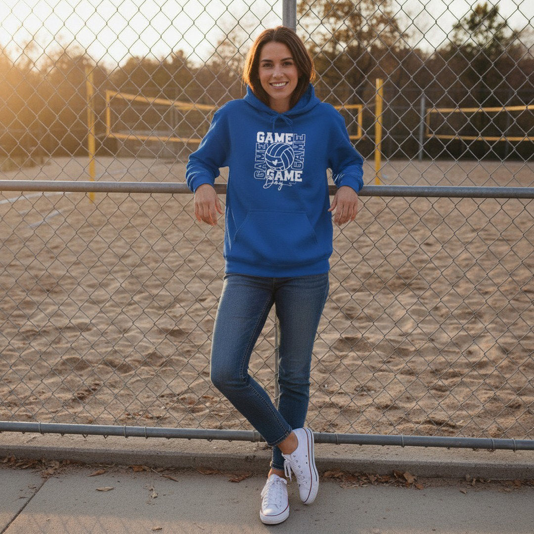 Game Day Volleyball Hoodie | Volleyball Fan Hoodie | KoMets Volleyball Sweatshirt | Royal Blue, Heather Gray & White